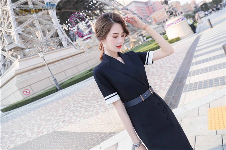 Fashion Elegant Blue Summer Short Sleeve Dresses for Women Office Work Wear Slim Hips Dress Beauty Salon Clothes with Belt