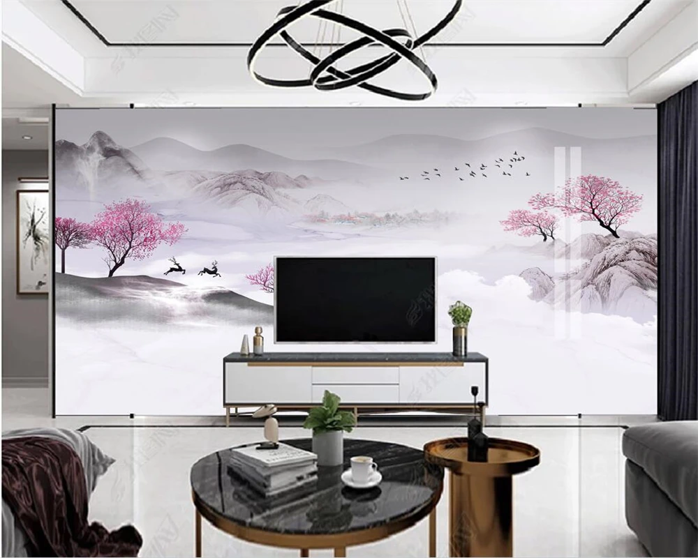 

beibehang Customized papel de parede Modern New Chinese Light Luxury Ink Elk Landscape Marble Background Wallpaper