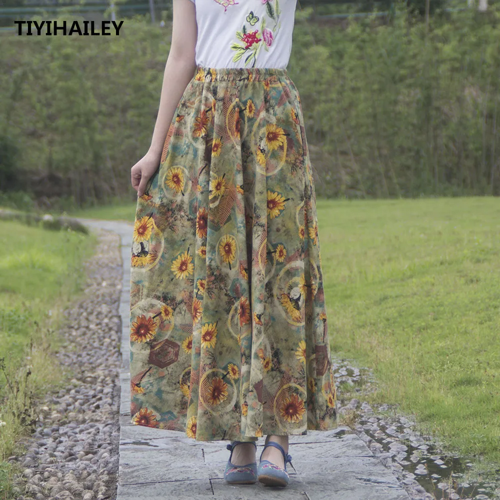 

TIYIHAILEY Free Shipping 2021 New Fashion Long Maxi A-line Elastic Waist Women Cotton Linen Print Flower Summer Big Hem Skirts