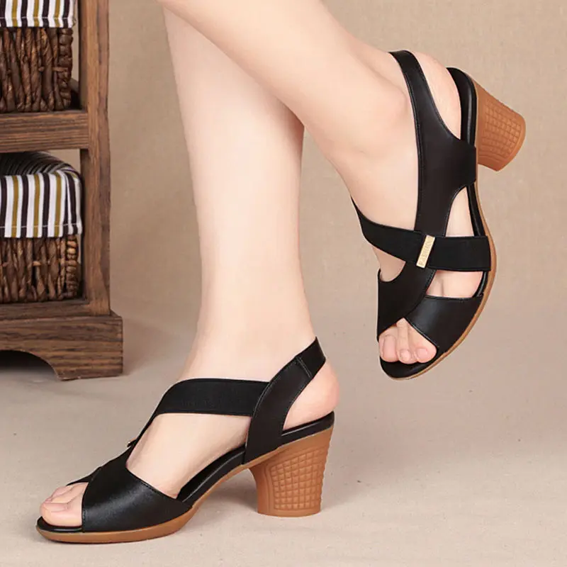 New Mid-heel Sandals Women Summer Shoes Comfortable High Heels Thick Heel Peep Toe Non-slip Soft Bottom Mother Shoes Slip-On