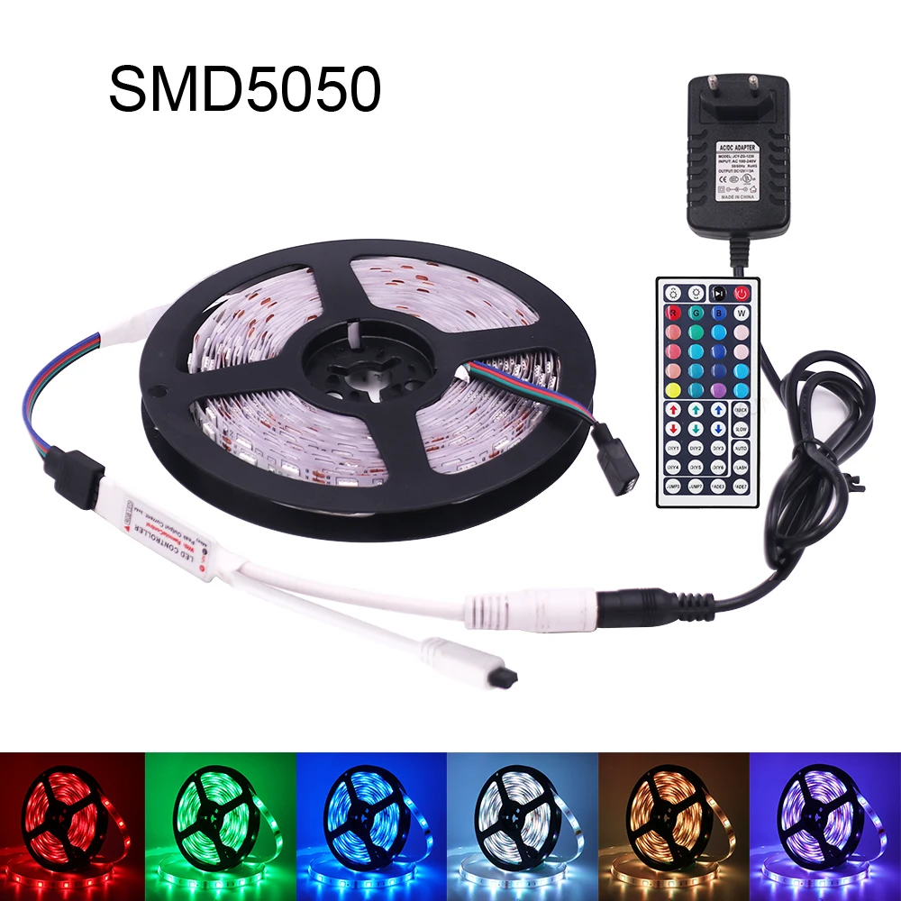 5050 2835 RGB LED Strip Light 12V 5M 300LED 60LEDs/m Waterproof LED Tape Lamp String with Power Adapter 44key Remote Contronl