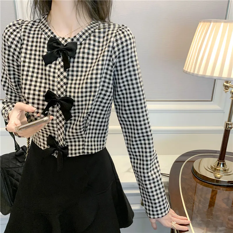 Blouses Women Short Plaid Pattern Bowknot Tops Female's Long-sleeved Shirt 2020 New Autumn Winter Blouse for Femme Blusa Mujer