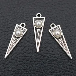 Retro Triangle Metal Pendant, Inlaid Beads Charms, DIY Manual Earrings Charms, 29*9mm Silver Plated Charms, Unisex A18 10pcs