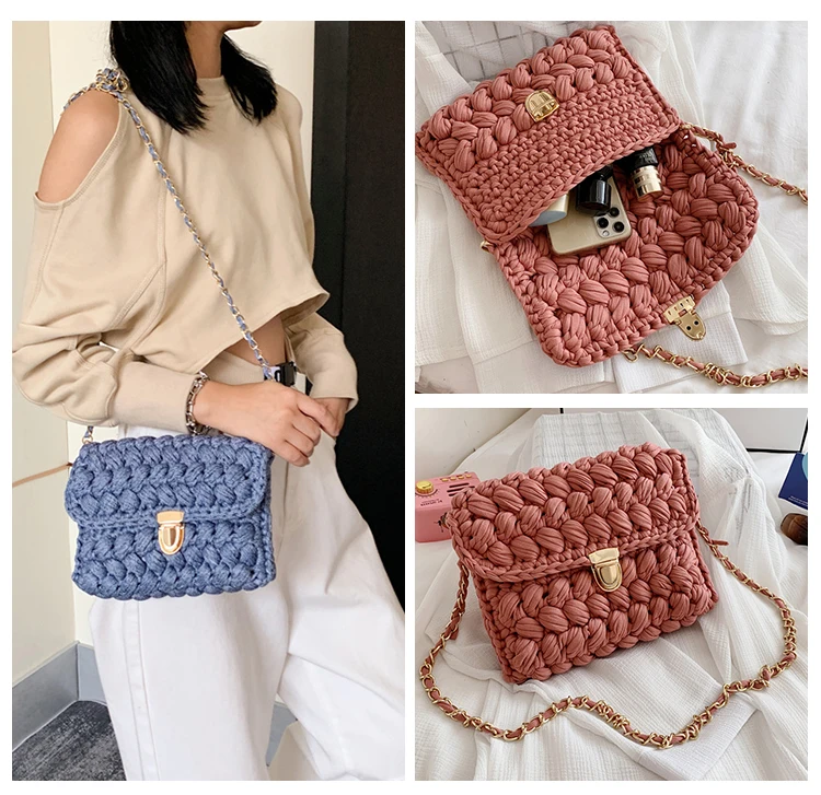 Handmade Woven Women\'s Crossbody Bags Thread Hook Knitted Shoulder Bag Colorful Strip Chains Bags for Women Small Purses 2021