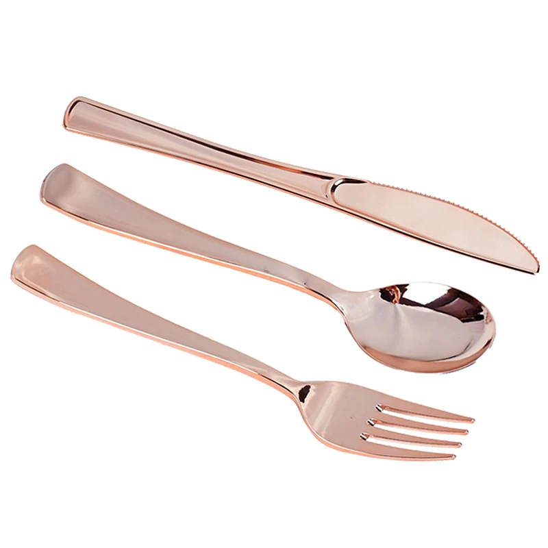 18Pcs Rose Gold Plastic Disposable Tableware Dessert Knives Forks Spoon Wedding Birthday Party Decoration Supplies Cutlery Set