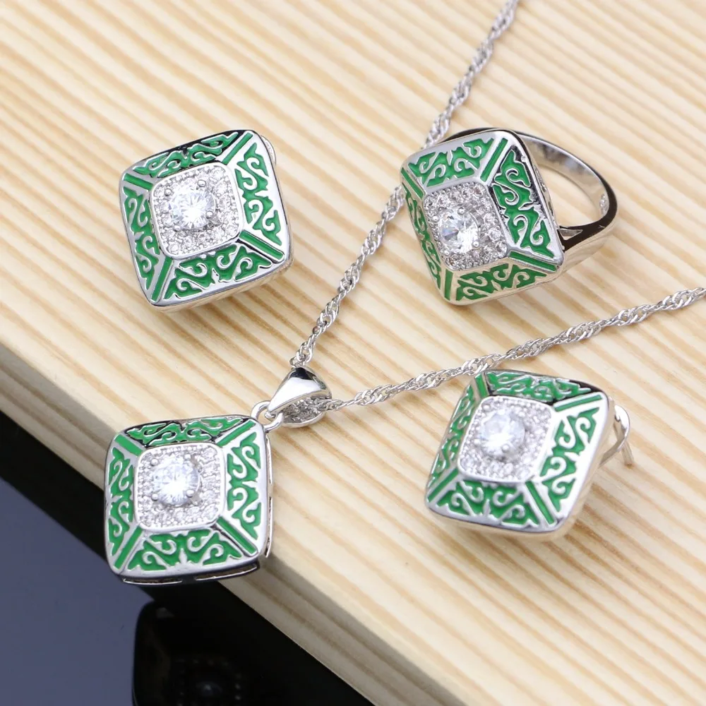 Green Lucite White Zircon Silver 925 Bridal Costume Jewelry Sets For Women Earrings/Pendant/Ring/Stones Bracelet/Necklace Set