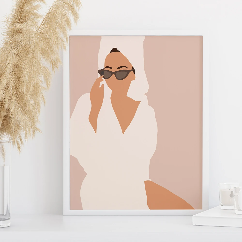 Modern Abstract Woman Portrait Poster and Print Fashion Wall Art Boho Female Bathrobe Canvas Painting Wall Picture for Bedroom