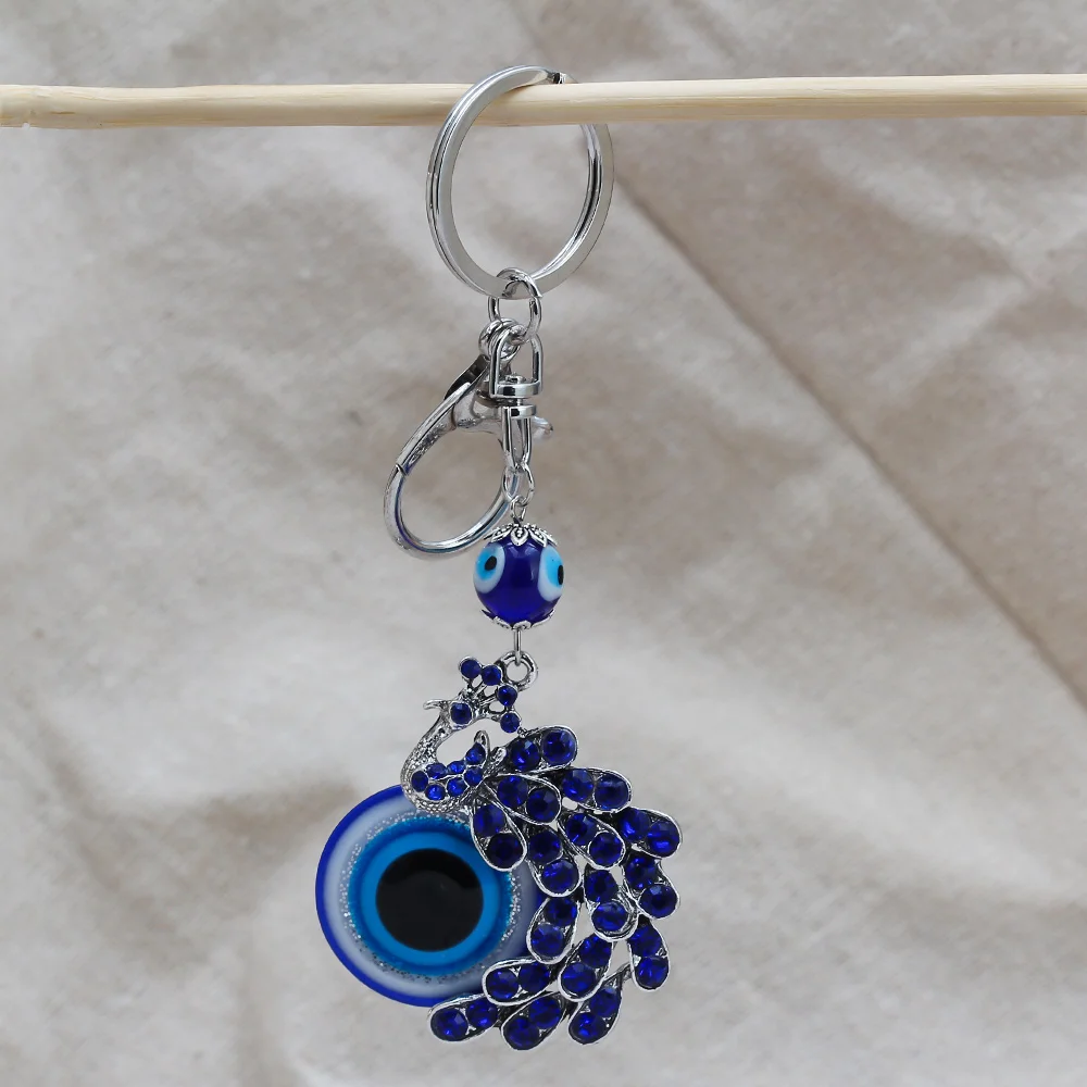 Fashion Blue Crystal Peacock Keychain Keyring Trinket Purse Bag Evil Eye jewelry