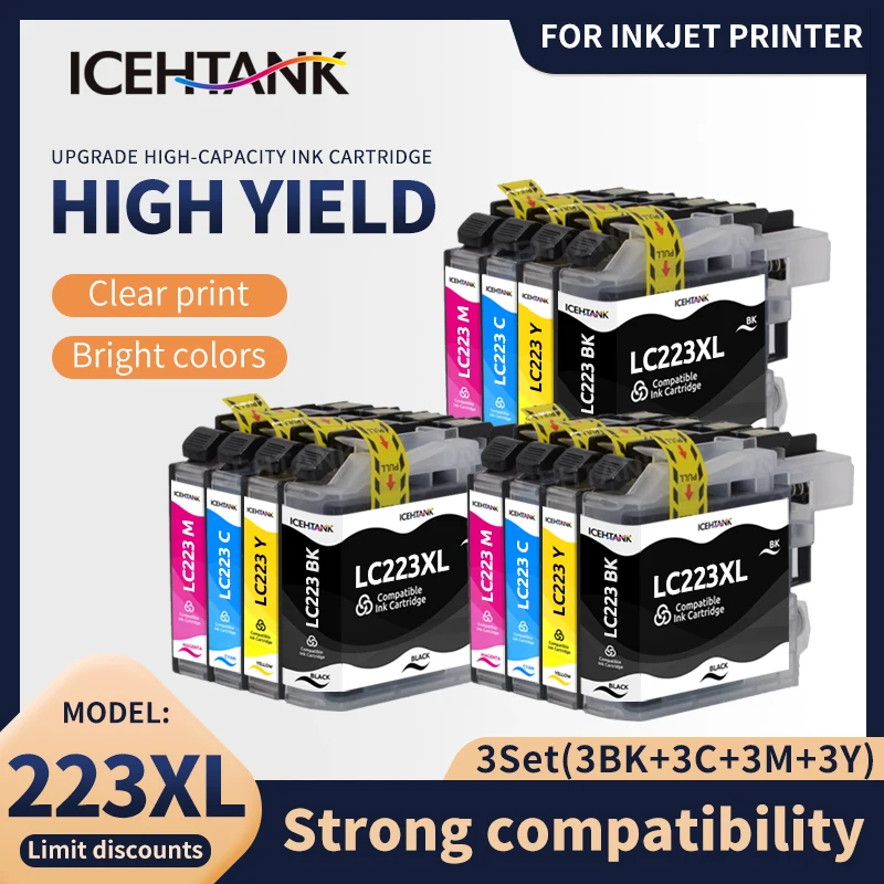 Substituição do cartucho de icehtank 4-15 pces 223 para o irmão lc223 lc 223 lc223bk cartucho de tinta para DCP-J4120DW MFC-J4420DW j4620dw