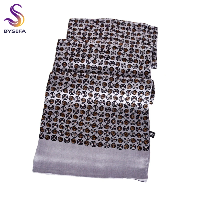 BYSIFA| Fall Winter Man100% Silk Scarf Printed Fashion Brand Metal Grey Long Scarves 2021 New Natural Pure Silk Men Scarf Cravat