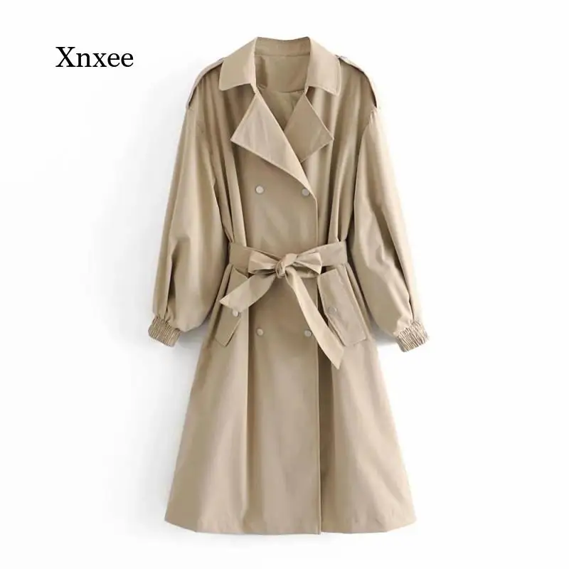 

2021 Women's Fashion Jacket with Belt Double-Breasted Trench Coat Retro Long-Sleeved Pocket Female Jacket Chic Coat