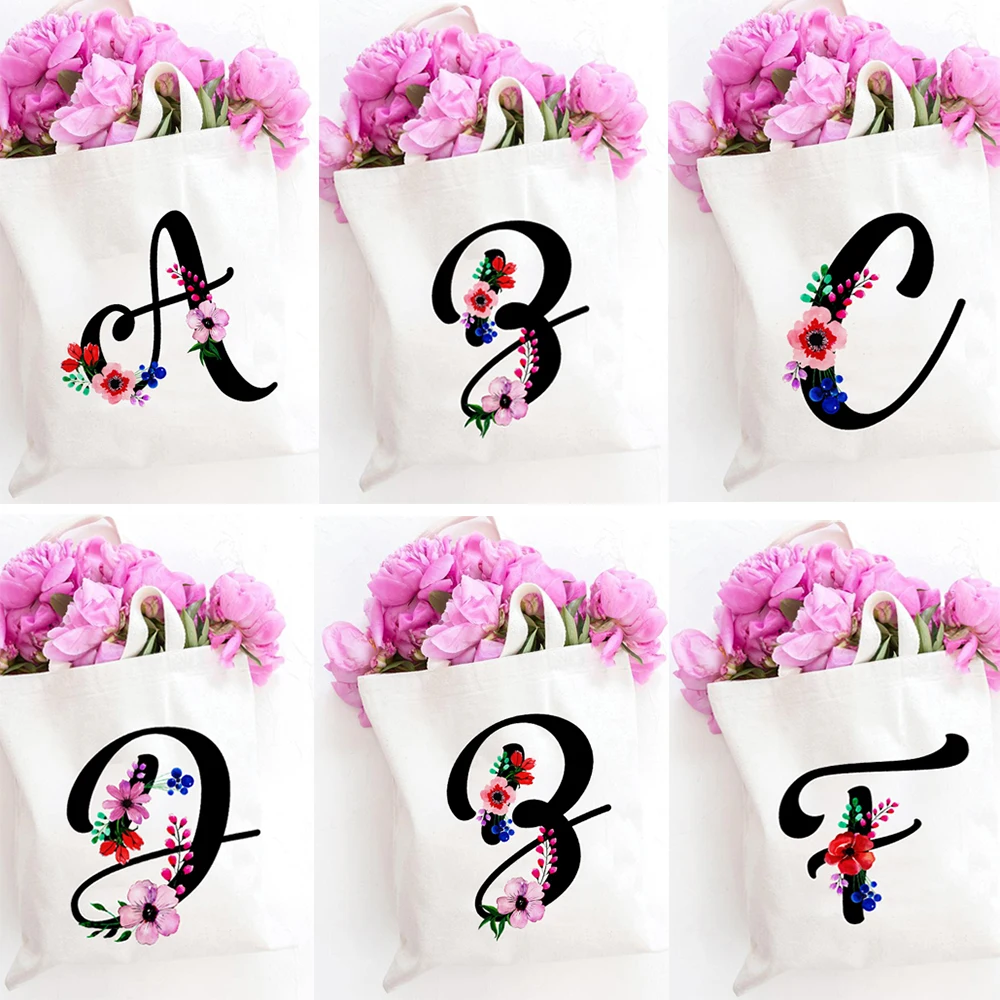 

Flower Letter Font A B C D E F G Canvas Bags Women's College Ulzzang Harajuku Fashion Shoulder Bags Large Capacity Tote Bag