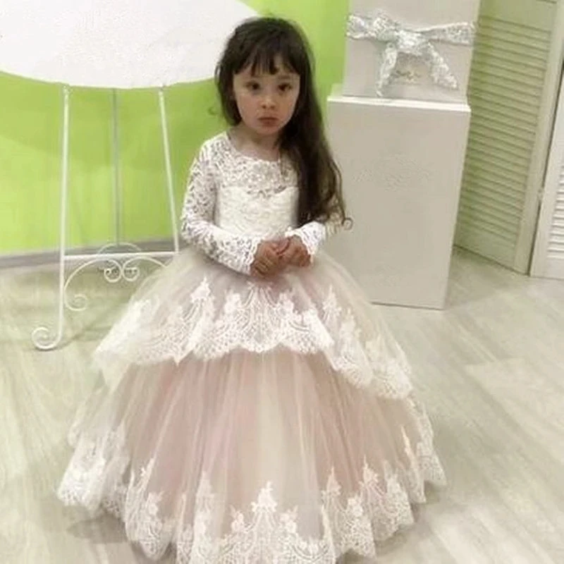 Lace Bloem Meisje Jurken Voor Bruiloften Lange Mouw Prinses Geappliceerd Kant Boog Kids Eerste Communie Jurken Girl Party Gown