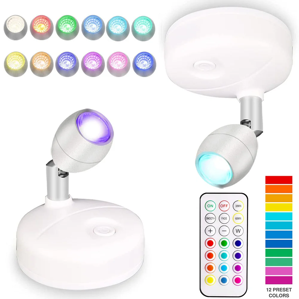 Battery Power Spotlights RGB Lamp Timer Dimmable LED Spotlight Ceiling Wireless Night Lights Stick on Wall Spot Light Room Decor