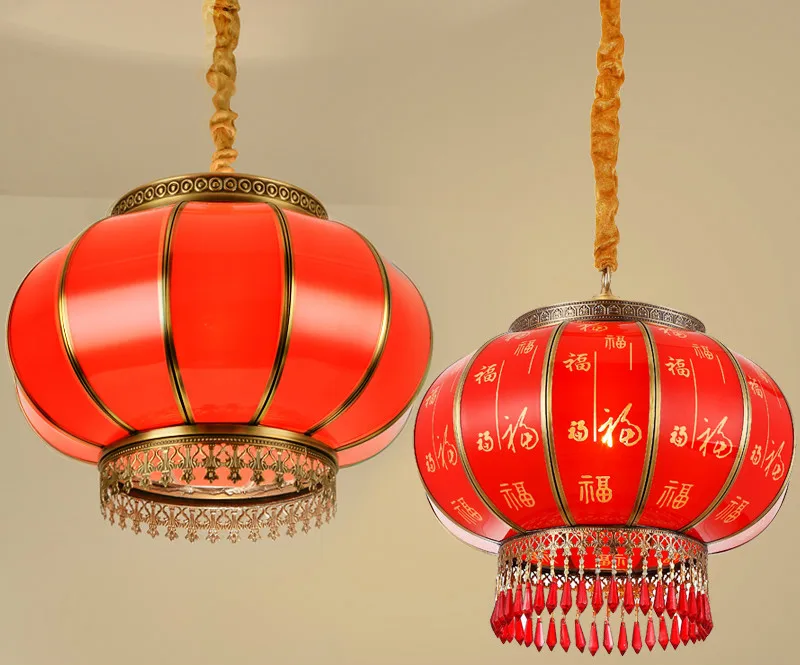 Chinese Style Living Room Copper Lantern Chandelier Chinese Style Door Waterproof Glass Balcony Spring Festival Pure Copper Red