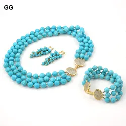 GG 3 Strands Blue Cutting Angle Round Faceted Turquoises Gems Stone CZ Clasp Necklace Bracelet Earrings Sets For Women