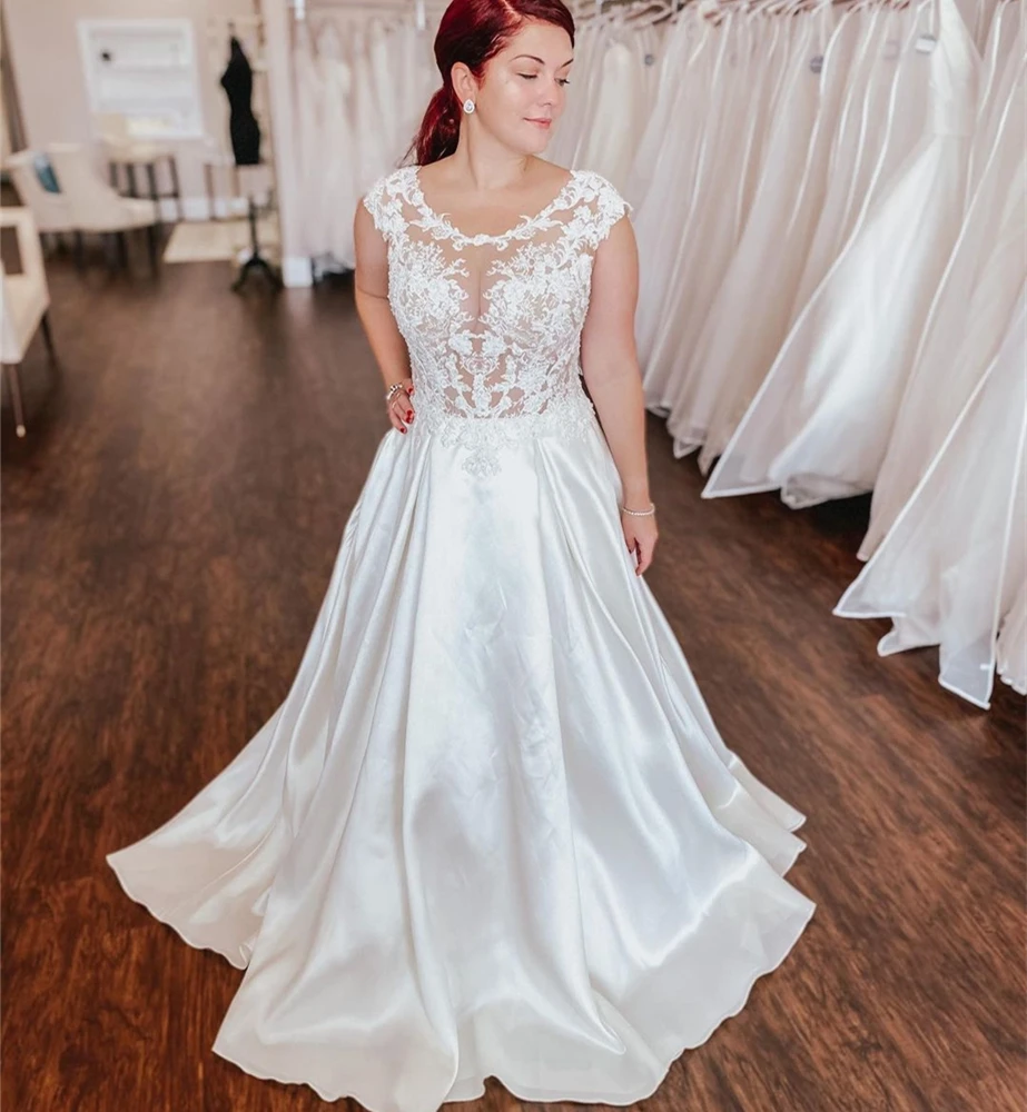 Vestido de novia elegante de línea a, cuello redondo, manga casquillo, apliques de encaje con lentejuelas, Espalda descubierta, satén, largo hasta el suelo, tren de barrido, nuevo