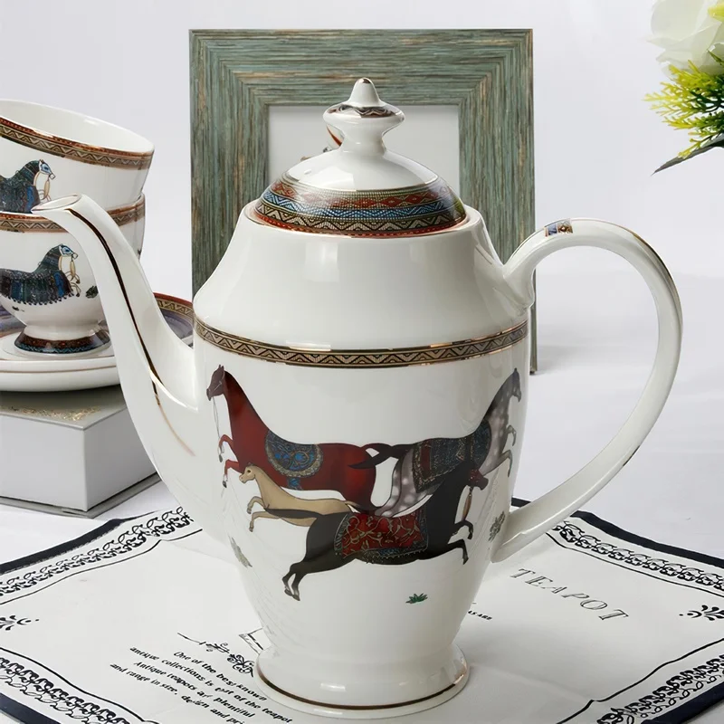 15-Piece European Phnom Penh War Horse Ceramic Coffee Tea Set Creative Household Bone China Pot Cup Saucer Home Bar Display