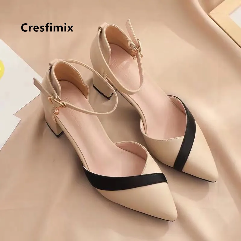 Cresfimix-zapatos de tacón cuadrado para mujer, calzado clásico de piel sintética, color negro, para fiesta y Club nocturno, color Beige, C5762