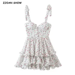 Mini robe à bretelles spaghetti pour femmes, ourlet à col en V, volants épissés, robe de vacances éducative, bandage rétro, nœud, été, sexy, 2022