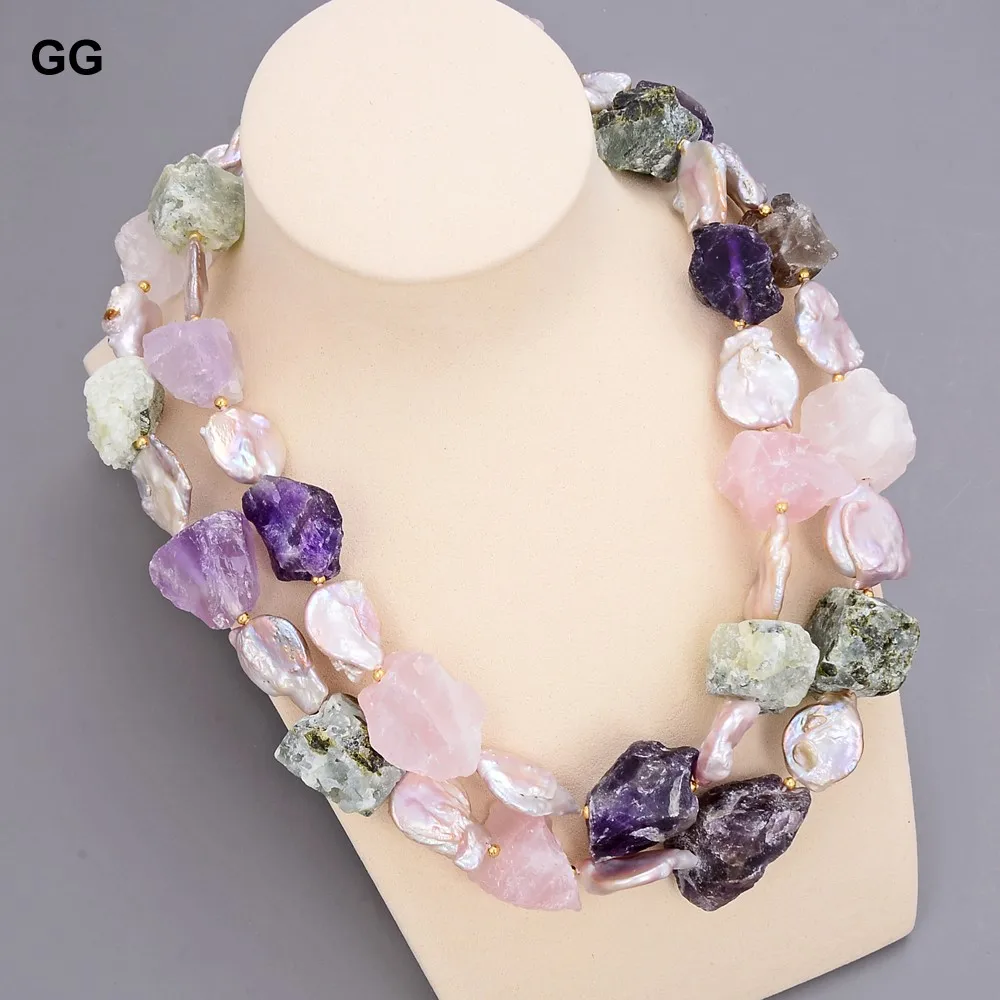 

GuaiGuai Jewelry 19" 2Rows Natural Pearl Pink Coin Pearl Multi Color Rough Amethyst Prehnite Gemstone Necklace