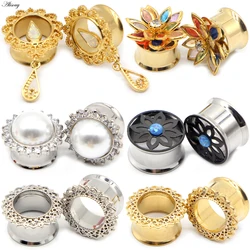 Alisouy 2pcs Pearl Flower Crystal Stainless Steel Ear Gauges Plugs Tunnel Expander Flare Earring Stretcher Piercing Body Jewelry