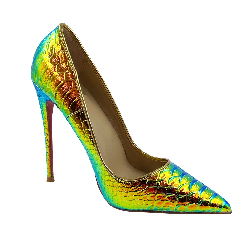 

Extra Size 34-45 Green Gold Snake Print Microfiber Outside Real Leather Insoles Golden Edge Women High Heels Pumps Shoes