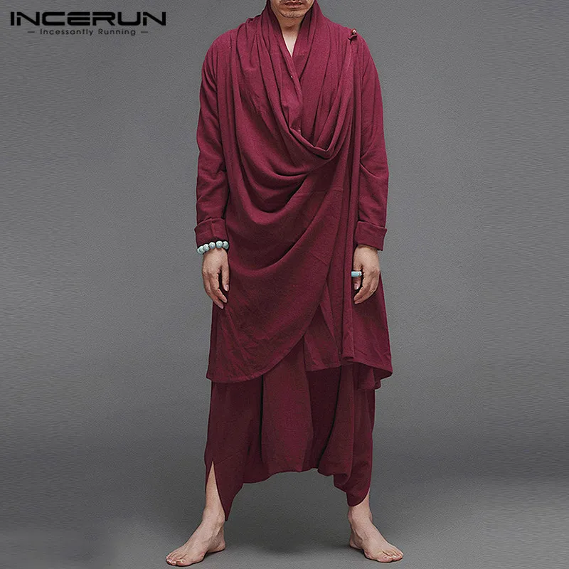 Men Vintage Sets INCERUN Long Sleeve Solid Color Irregular Cloak Blouse Elastic Pants 2 Pieces Men Cotton Suits Streetwear 5XL 7