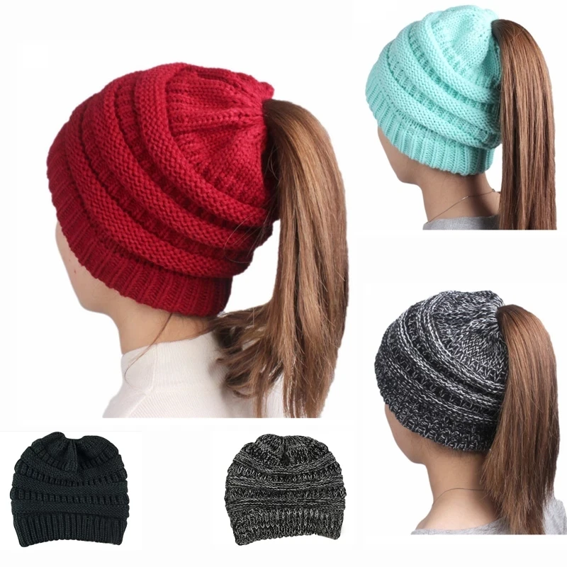 Horsetail Hat Winter Warm Cap Foldable High Quality Ponytail Cap Women Knitted Stretch Crochet Hat Hair Accessories Beanies