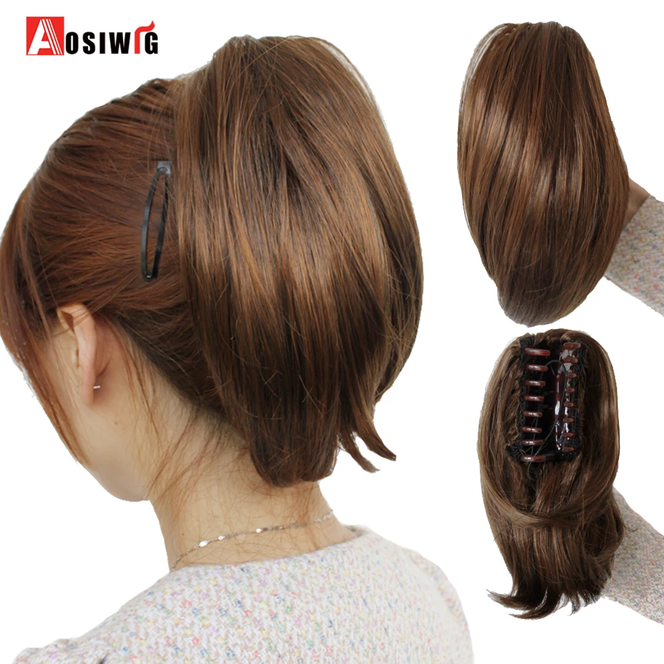 AOSIWIG-extensiones de cabello sintético para niña, postizo de pelo corto y liso, resistente al calor, color negro, gris y rojo