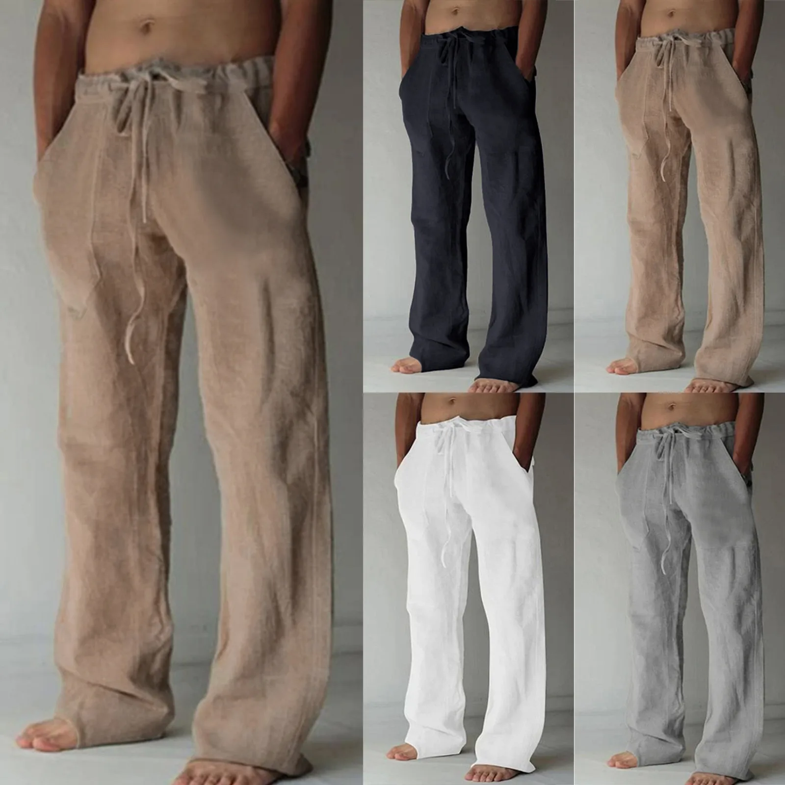 Men\'s Casual Pants Daily Wear Solid Summer Full Length Soft Linen Pants Mid Waist Pocket Drawstring Trousers Streetwear Bottoms