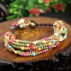 Bohemian Ethnic Style Retro Turquoise Women's Bracelet Wax Rope Hand-woven Multi-layer Beach Style Creative Couple Female Bangle