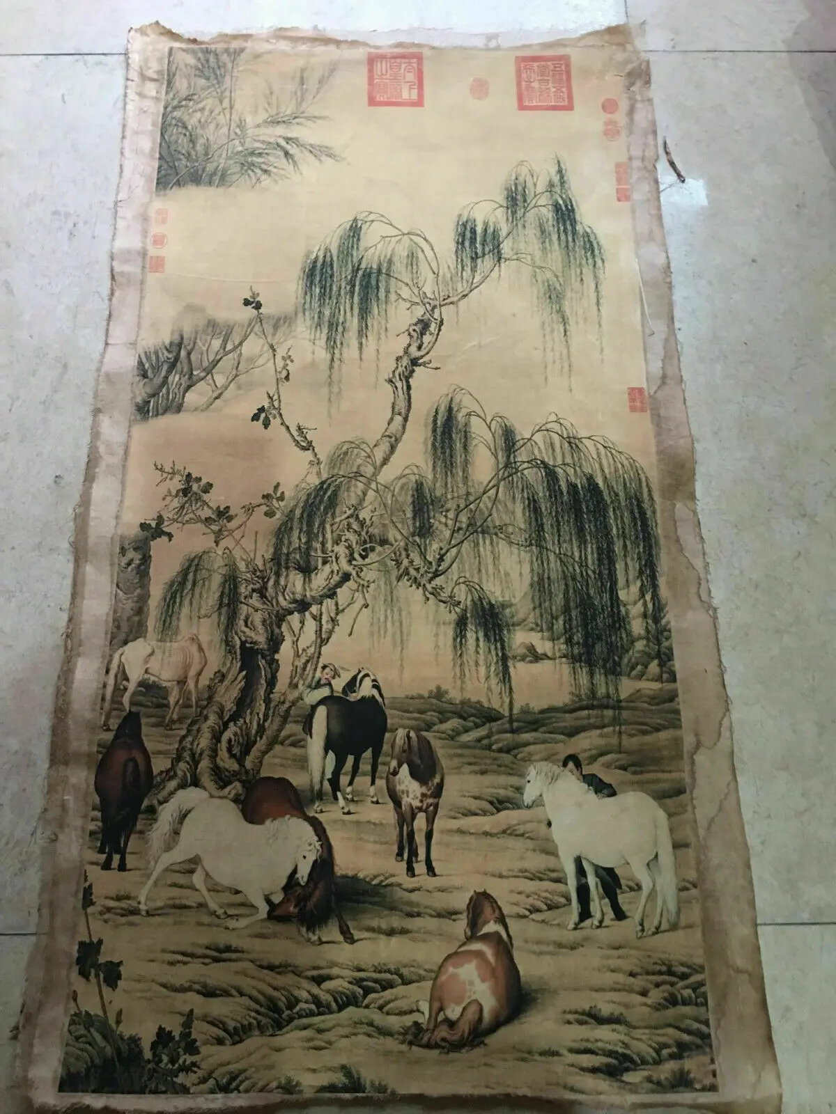 China Old Scroll Lang Shining's Eight Steeds Painting Slice