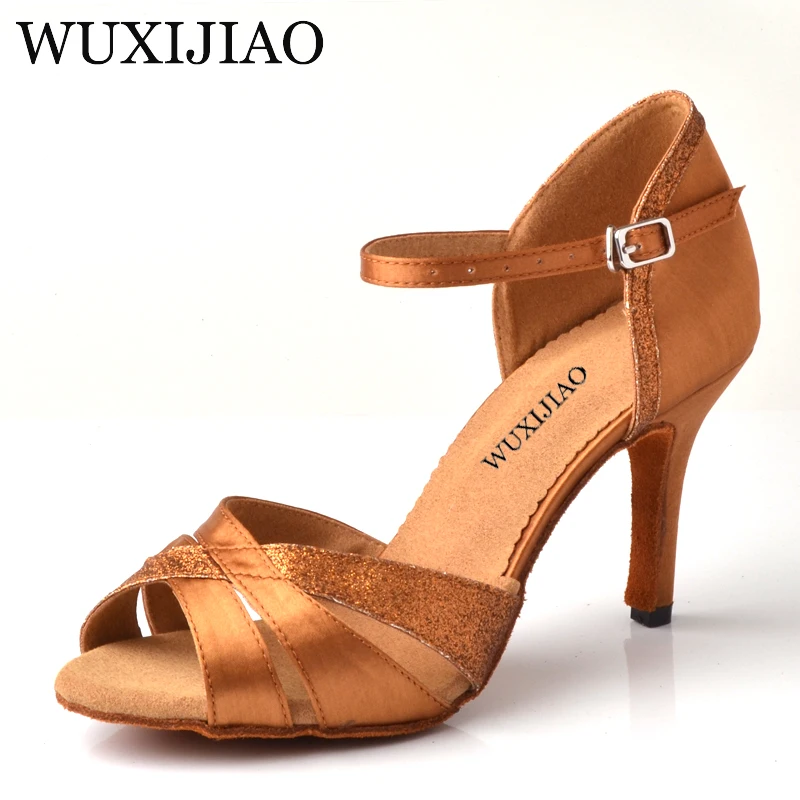 WUXIJIAO Latin dance shoes Salsa women\'s bronze satin unique tailor design satin shoes for ballroom dancing  Tango shoes