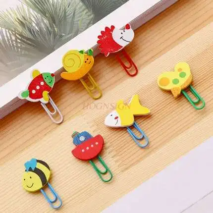 12pcs Paper Clip Bookmark Cute Paper Clip Color Paper Clip Wood Animal Cartoon Metal Candy Color Girl Heart Shaped