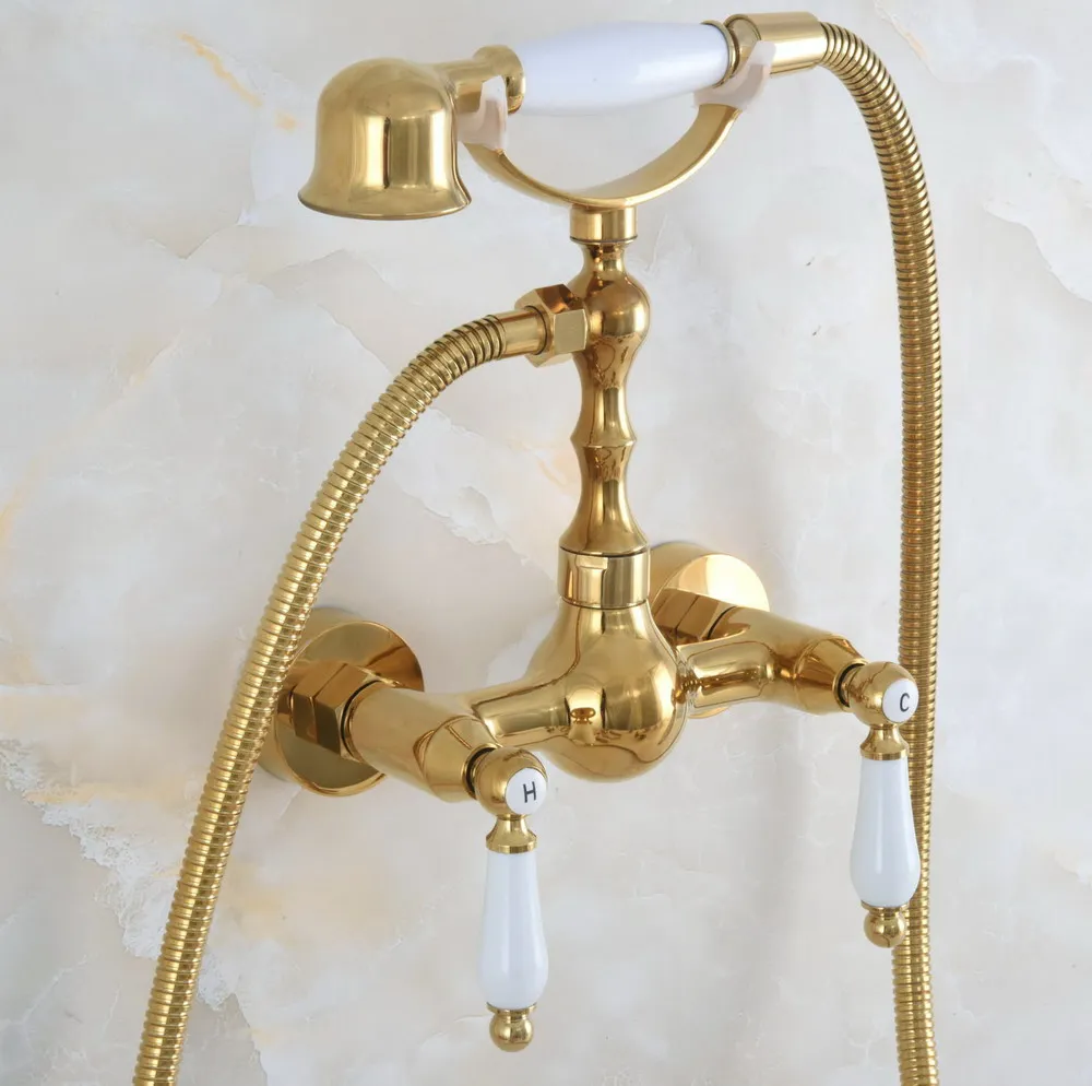 

Contemporary Luxury Gold Color Brass Wall Mounted Bathtub Faucet with Handheld Shower Set +150CM Hose Mixer Tap 2na834