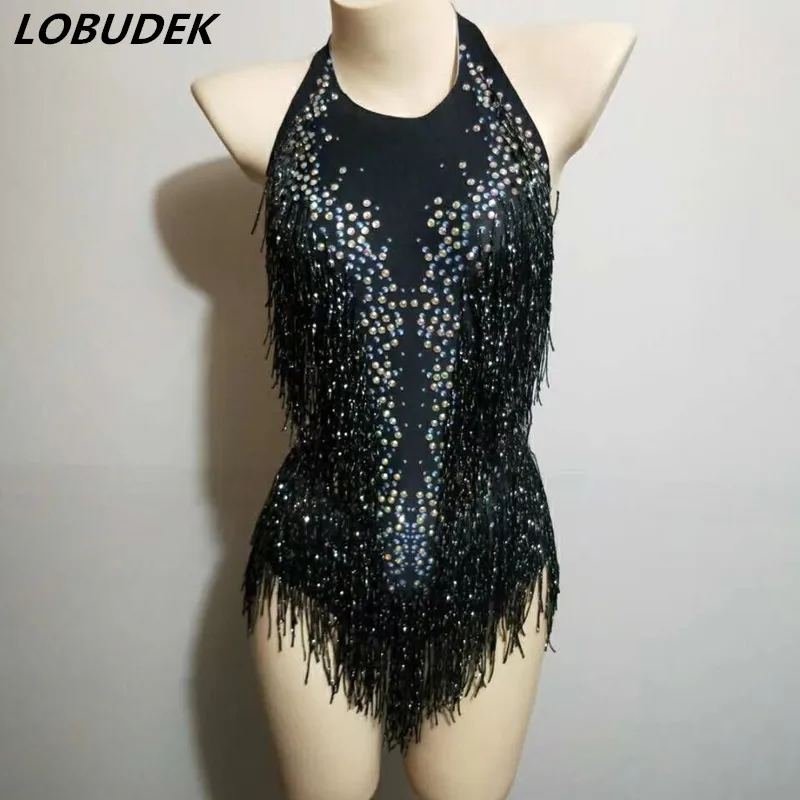 

Red Rhinestones Tassel Bodysuit Sleeveless Backless Leotard Stretch Fringe Tights Bar Nightclub DJ Dancer Pole Dance Stage Wear