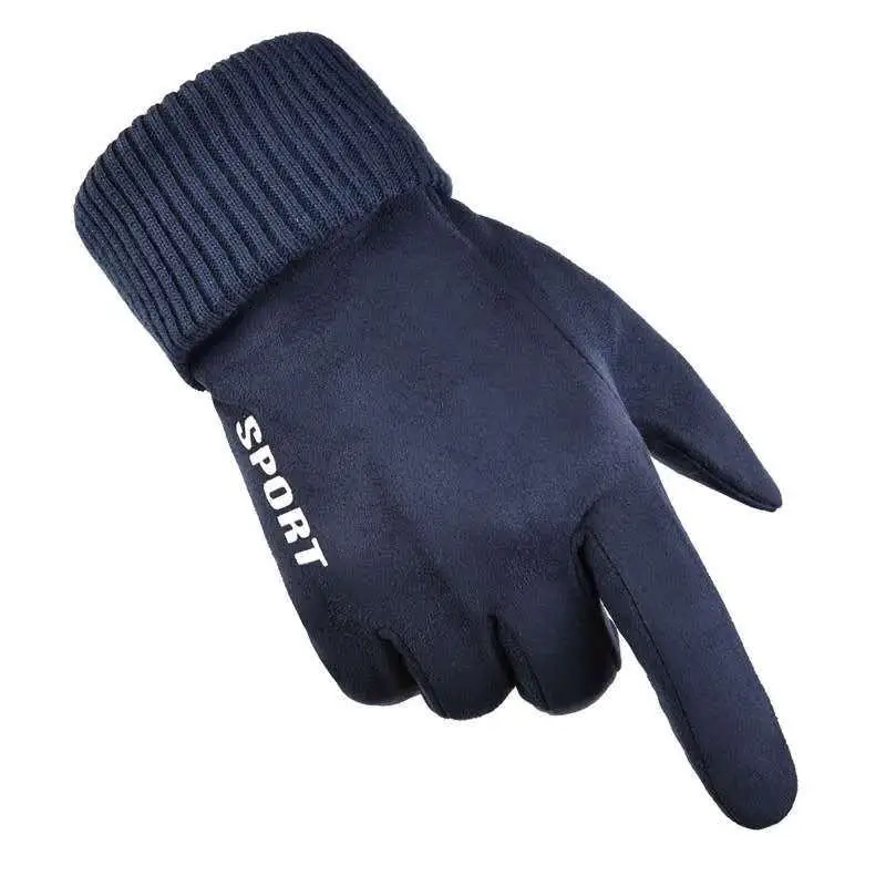 Winter Men\'s Suede Gloves Windproof and Warm Plus Fleece Thickening Riding and Driving Motorcycle Cold-Proof Touch Screen Gloves