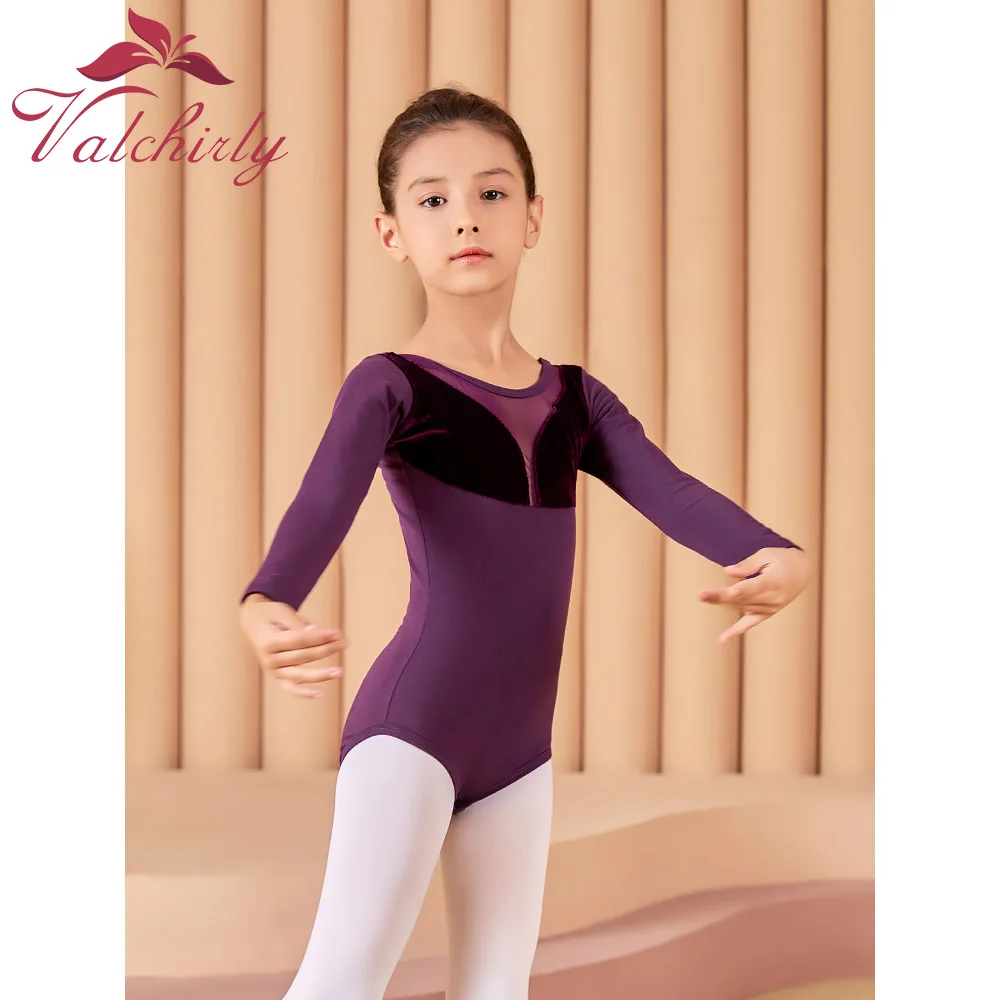 Abiti da ballo a maniche lunghe in velluto per bambini, pratica in cotone, un pezzo, abiti da ginnastica formale per ragazze e Skir in Chiffon