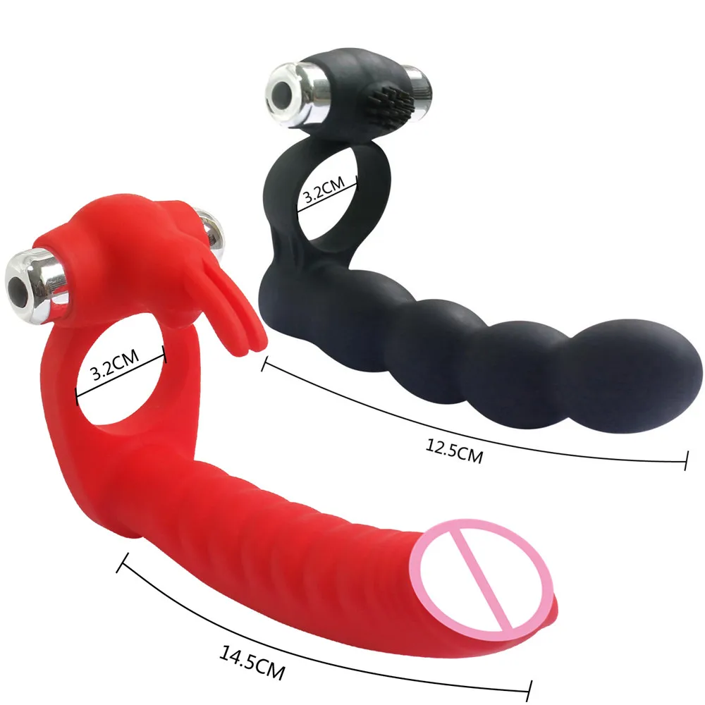 7 Speeds Penis Vibrating Ring Double Penetration Strapon Dildo Anal Beads Butt Plug Rabbit Vibrator Clitoris Sex Toys for Couple