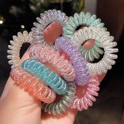 2020 Women Girls Candy Color Silver Ball Rubber Band Spiral Shape Headwear Hair Rings Elastic Hair Band Telephone Wire Line Hair