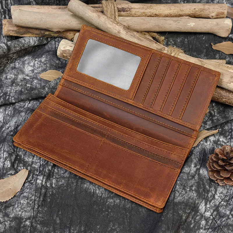 Luufan wysokiej jakości prawdziwy długi portfel ze skóry Bifold mężczyźni torebka ze zdjęciem moneta wizytówka Slot skórzany portfel męski brązowy — zdjęcie 4