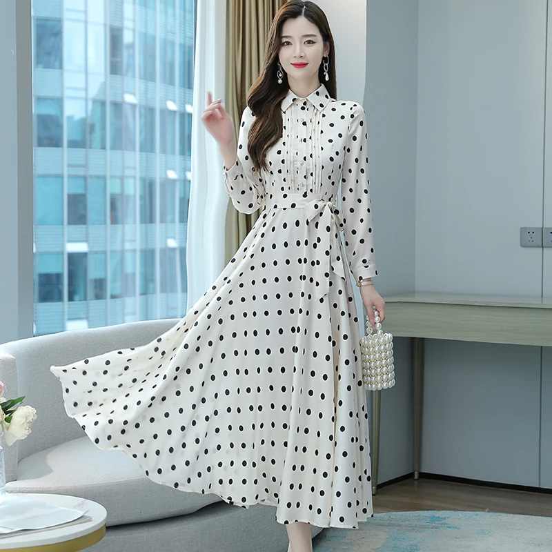 Spring Autumn Oversize Office Lady Shirt Dress Women Bodycon Party Maxi Vestido 2024 Vintage White Dot Chiffon Casual Midi Dress