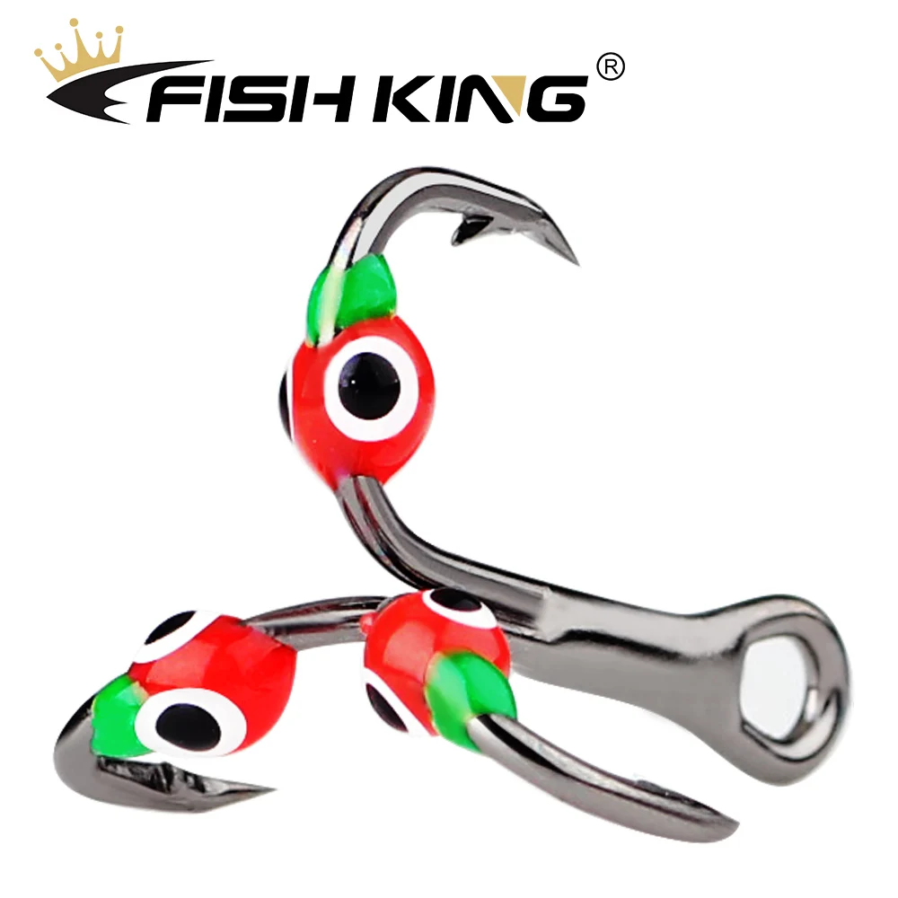 FISH KING-anzuelos de pesca en hielo de 0,4/0,6/0,8g, señuelo duro de acero de alto carbono con púas, anzuelos triples para pesca de carpa y lubina