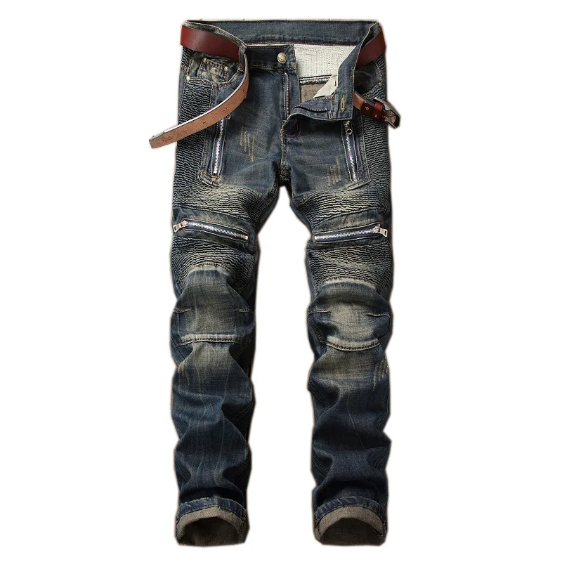 

Men Distressed Biker Jeans Straight Slim Jeans Streetwear Cotton Male Casual Zipper Motorcycle Denim trousers Plus Size 42