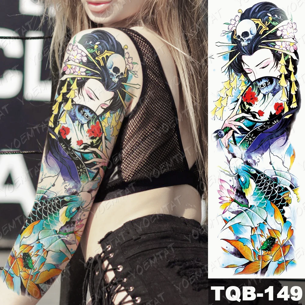 Large Arm Sleeve Tattoo Japanese Geisha Waterproof Temporary Tatto Sticker Carp Waist Leg Body Art Full Fake Tatoo Women Men