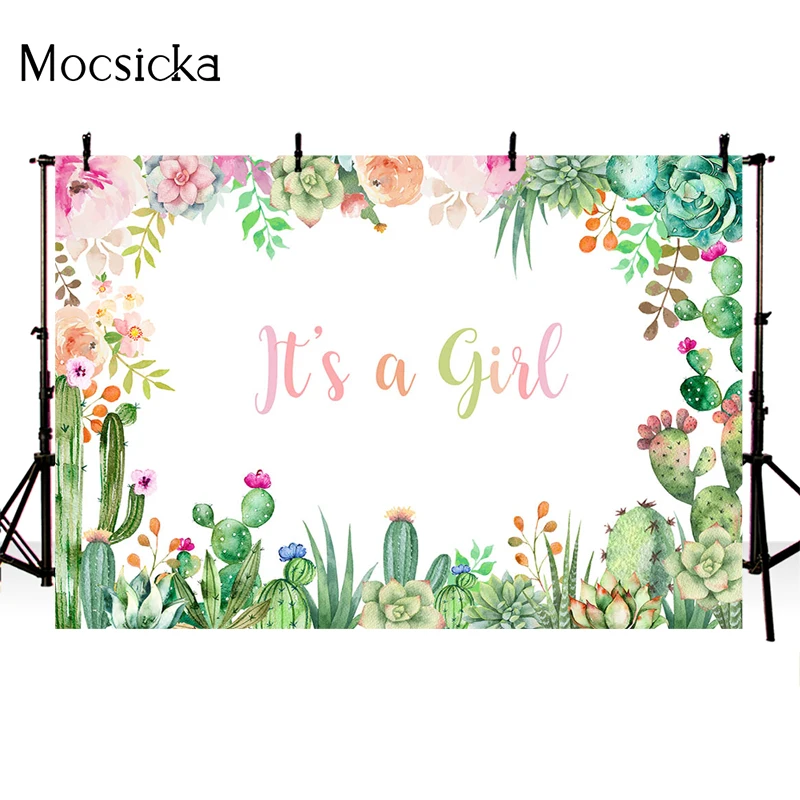 Mocsicka Dit Meisje Fotografie Achtergrond Tropische Cactus Bloemen Decoratie Props Pasgeboren Douche Foto Achtergrond Banner