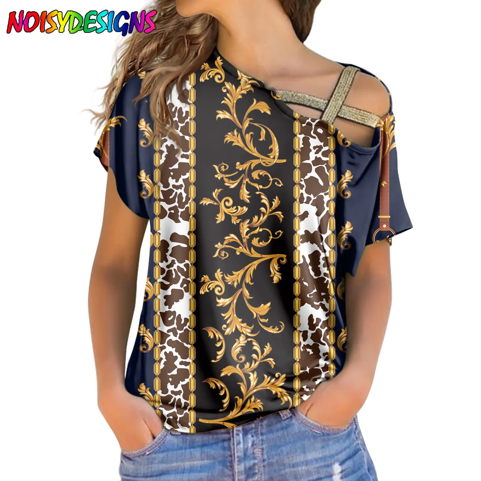 NOISYDESIGNS Shoulder Slope Neckline T shirt Casual Tops Short Sleeve Tshirts Summer Shirt Ladies Euporean Golden Flower T-shirt