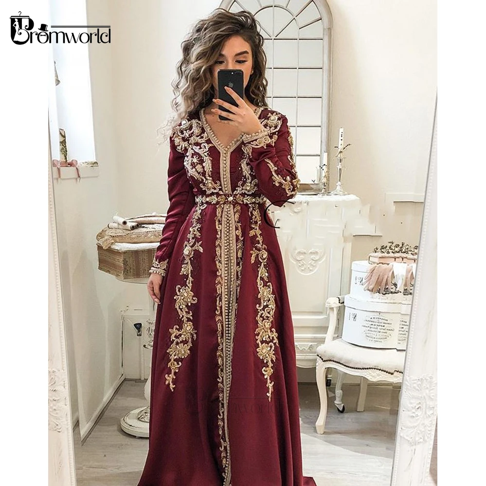 

Luxury Moroccan Caftan Burgundy Evening Gown Long Sleeves Beading Embroidery Satin A-Line Dubai Muslim Formal Evening Prom