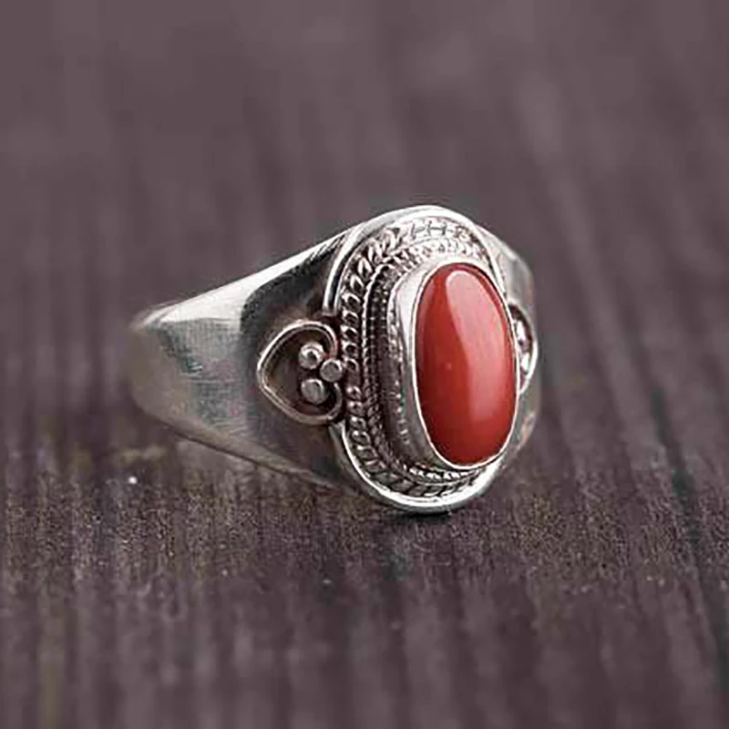 Bague en argent incrusté de tourmaline rouge du sud pour dames, bijoux ajustables, design unique, rétro, style ethnique, reconditionné à la main